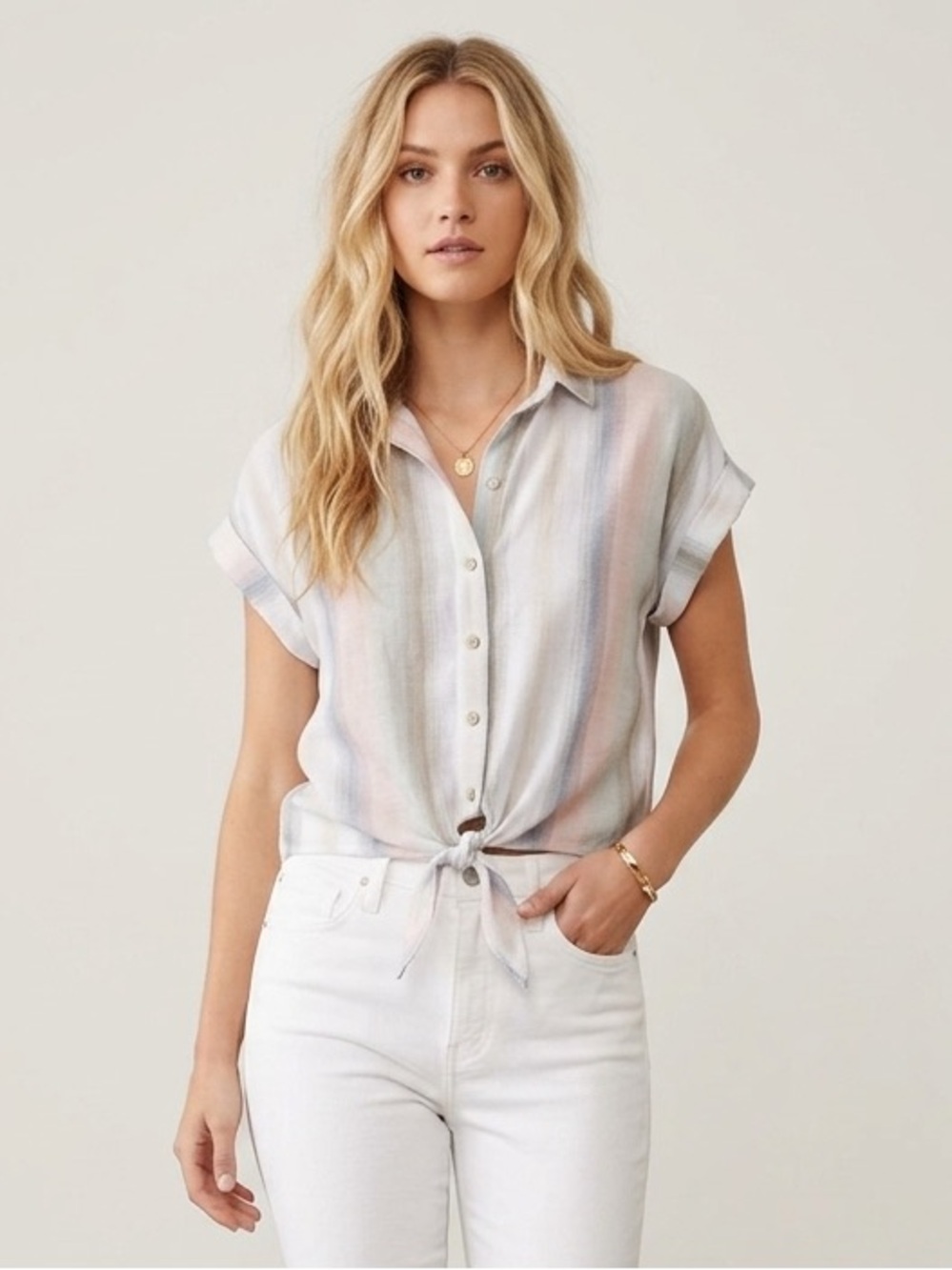 Cloth & Stone Tie Front Shirt Cropped Button-Up Cap Sleeve Striped White Pink M